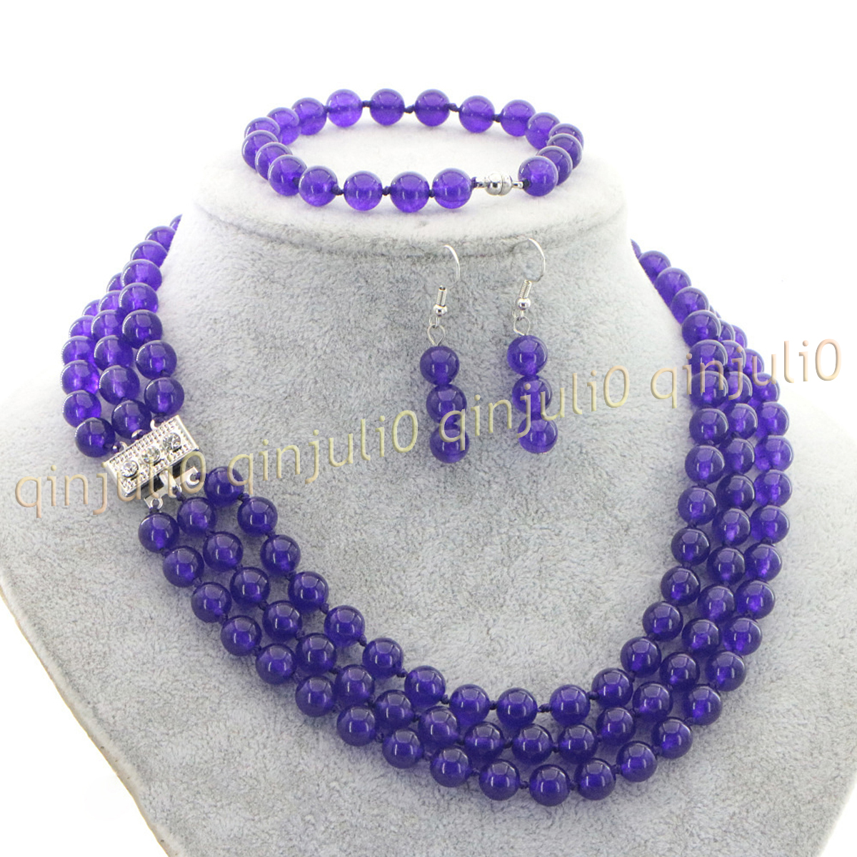 3 Rows Natural Multicolor Jade Round Gems Beads Necklace Bracelet Earrings Set