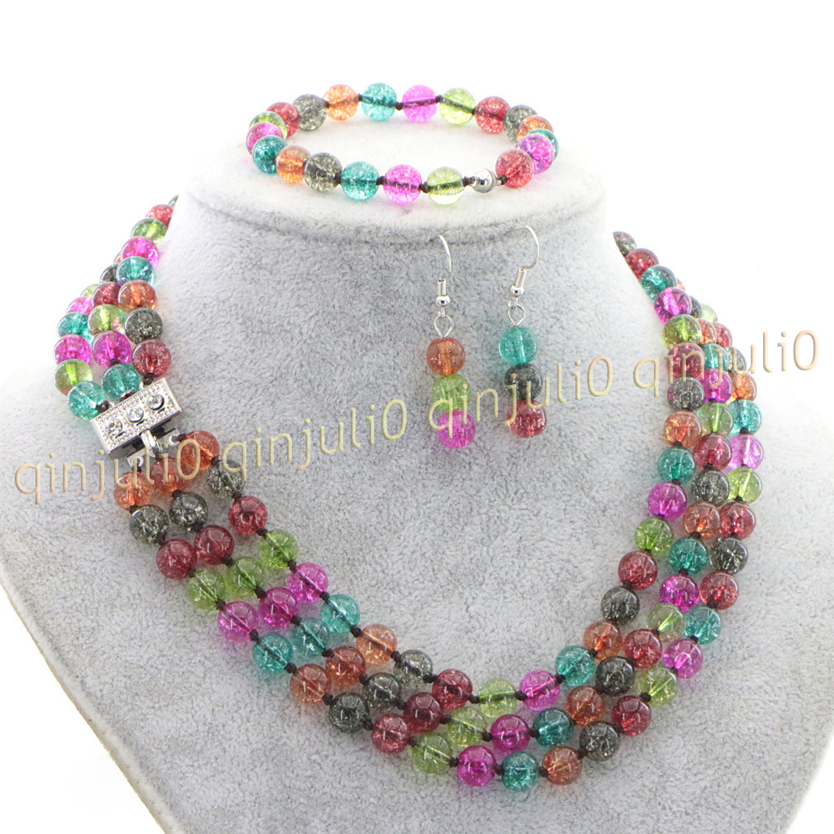 3 Rows Natural Multicolor Jade Round Gems Beads Necklace Bracelet Earrings Set