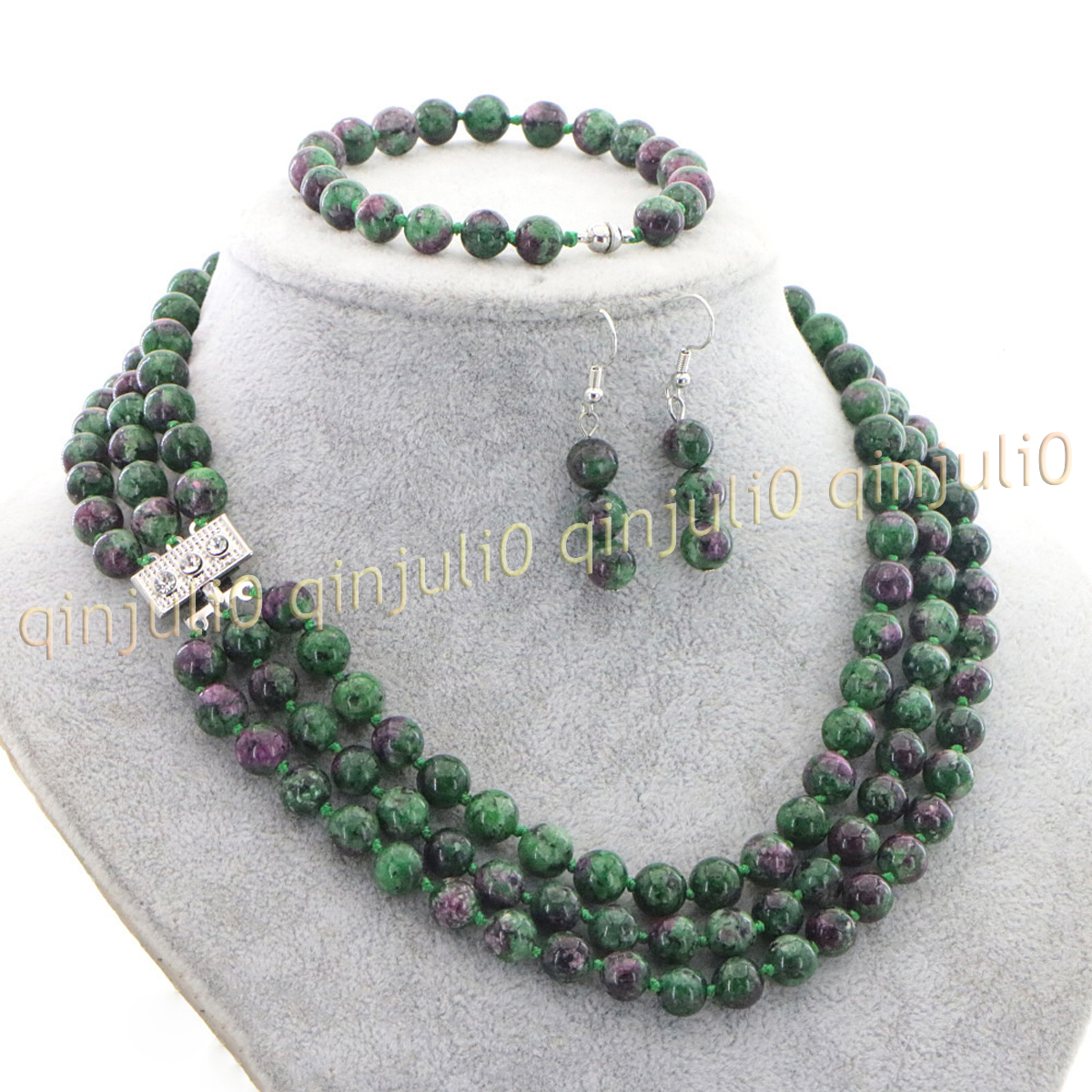 3 Rows Natural Multicolor Jade Round Gems Beads Necklace Bracelet Earrings Set