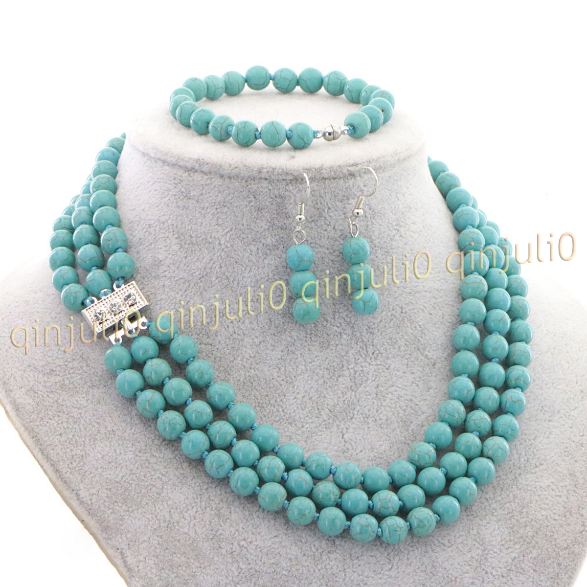 3 Rows Natural Multicolor Jade Round Gems Beads Necklace Bracelet Earrings Set