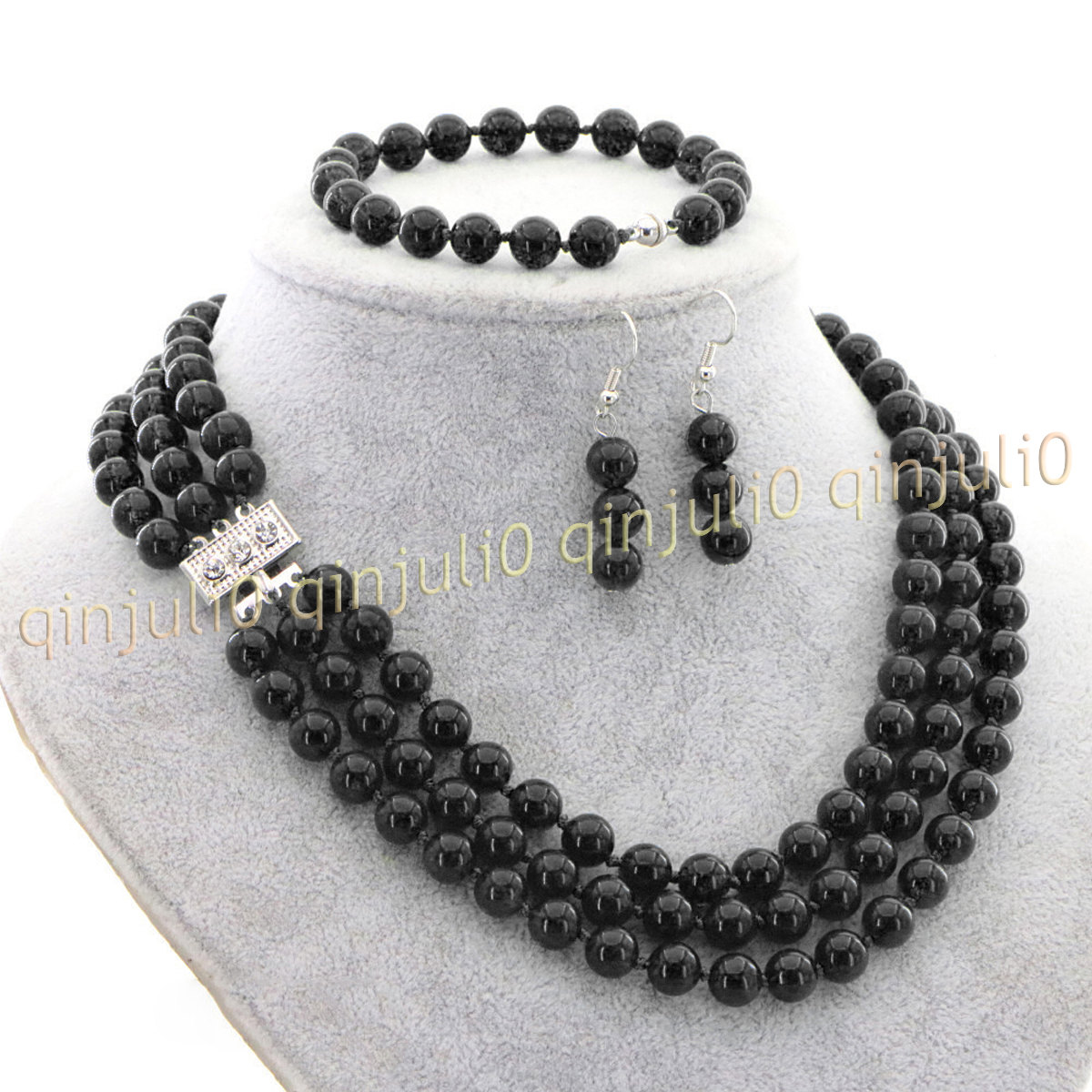 3 Rows Natural Multicolor Jade Round Gems Beads Necklace Bracelet Earrings Set