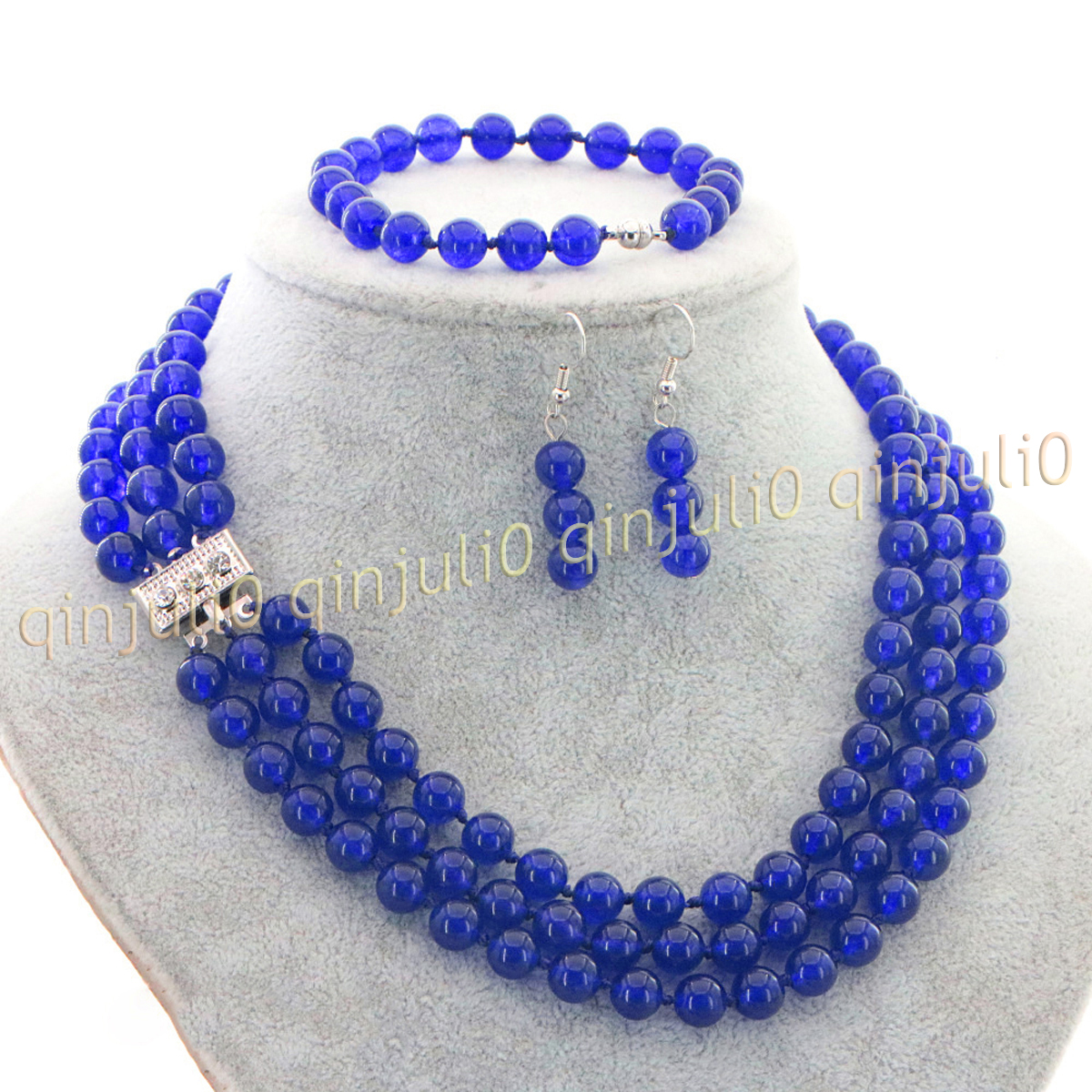 3 Rows Natural Multicolor Jade Round Gems Beads Necklace Bracelet Earrings Set