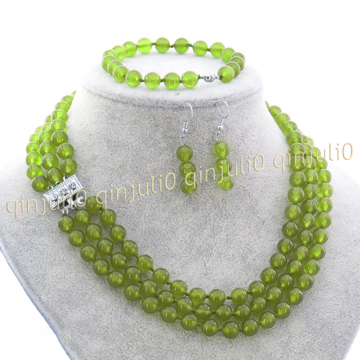 3 Rows Natural Multicolor Jade Round Gems Beads Necklace Bracelet Earrings Set