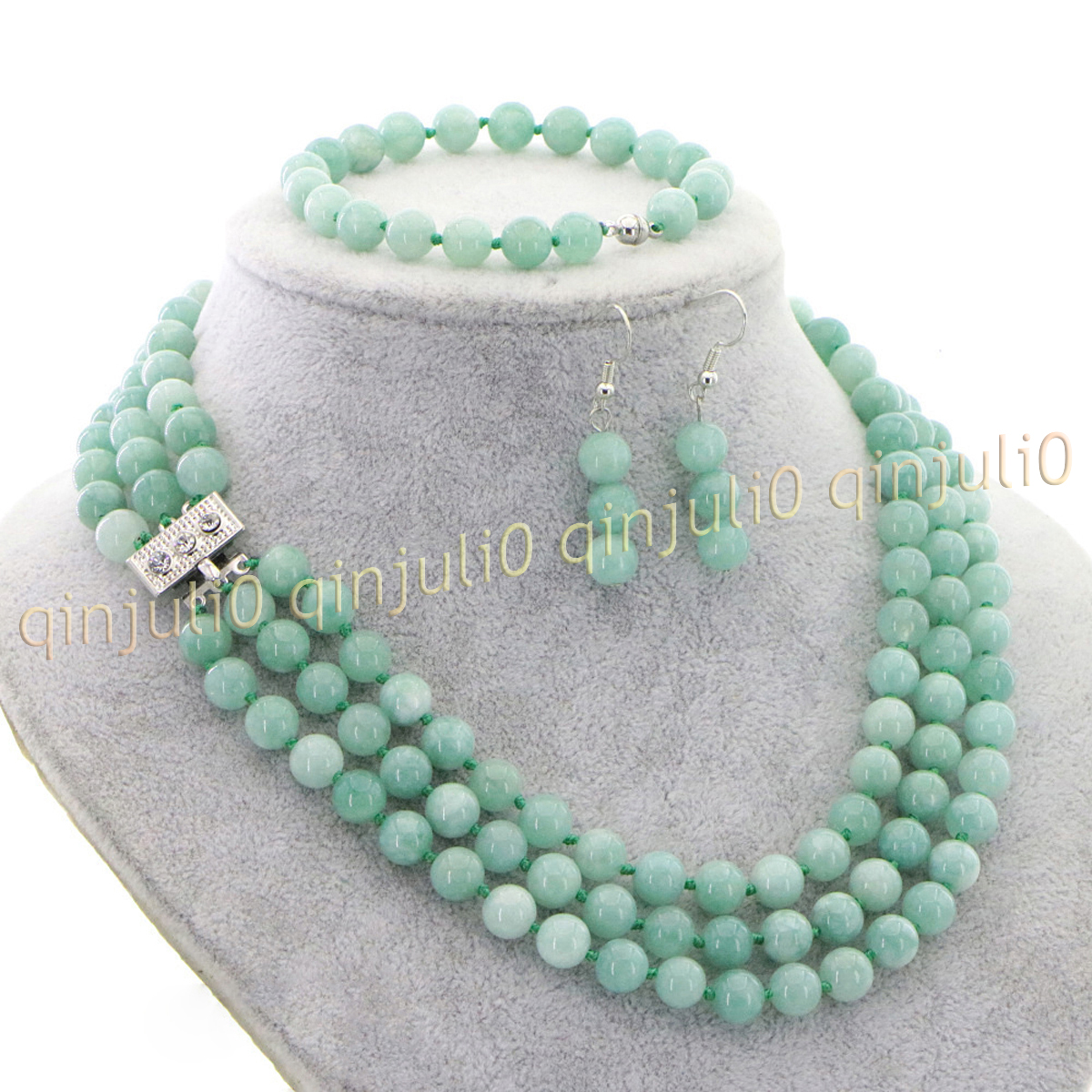 3 Rows Natural Multicolor Jade Round Gems Beads Necklace Bracelet Earrings Set