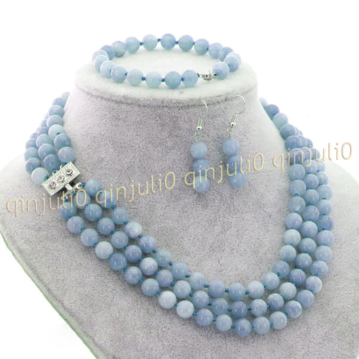 3 Rows Natural Multicolor Jade Round Gems Beads Necklace Bracelet Earrings Set