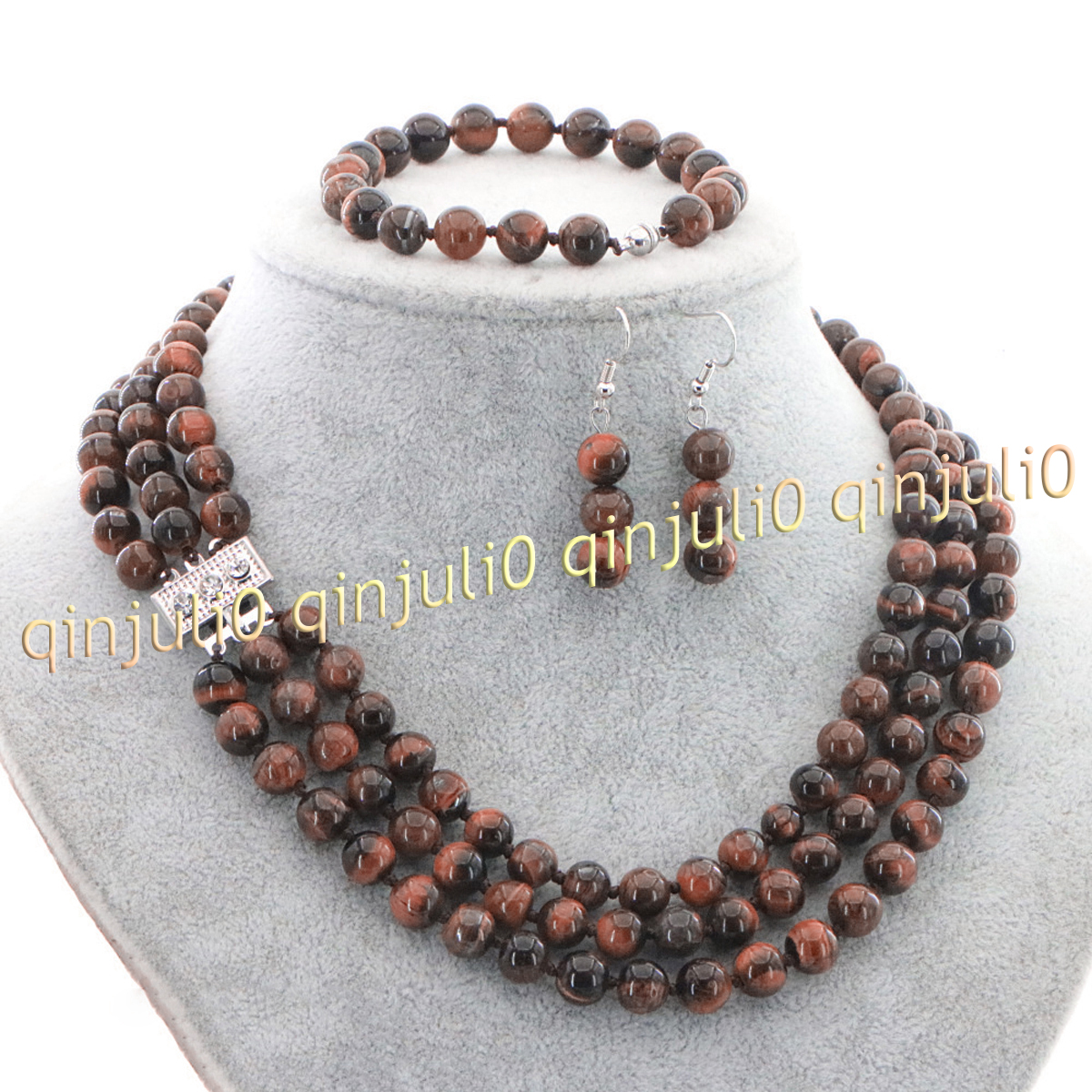 3 Rows Natural Multicolor Jade Round Gems Beads Necklace Bracelet Earrings Set