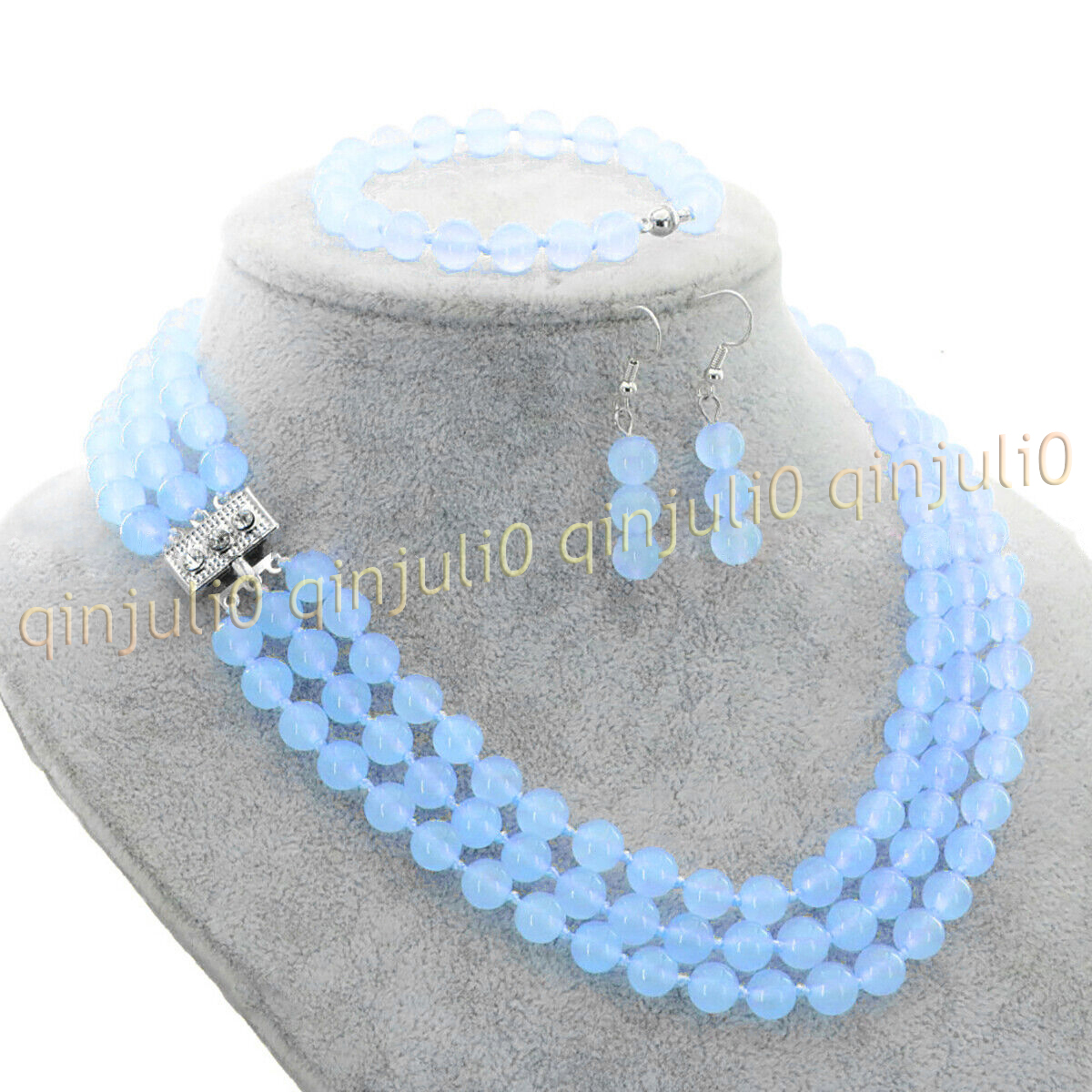 3 Rows Natural Multicolor Jade Round Gems Beads Necklace Bracelet Earrings Set