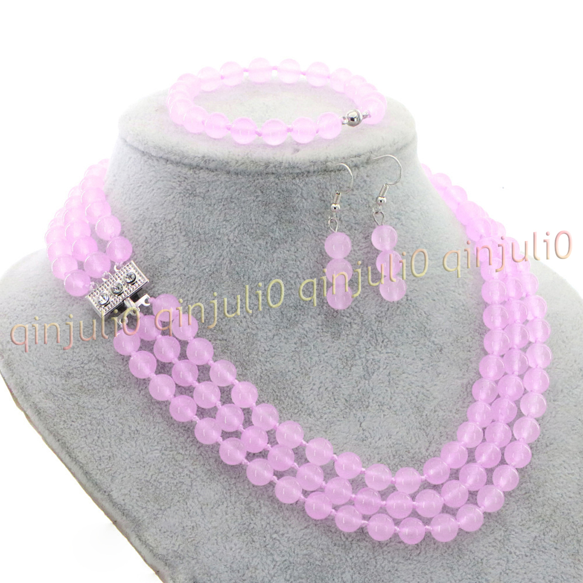 3 Rows Natural Multicolor Jade Round Gems Beads Necklace Bracelet Earrings Set