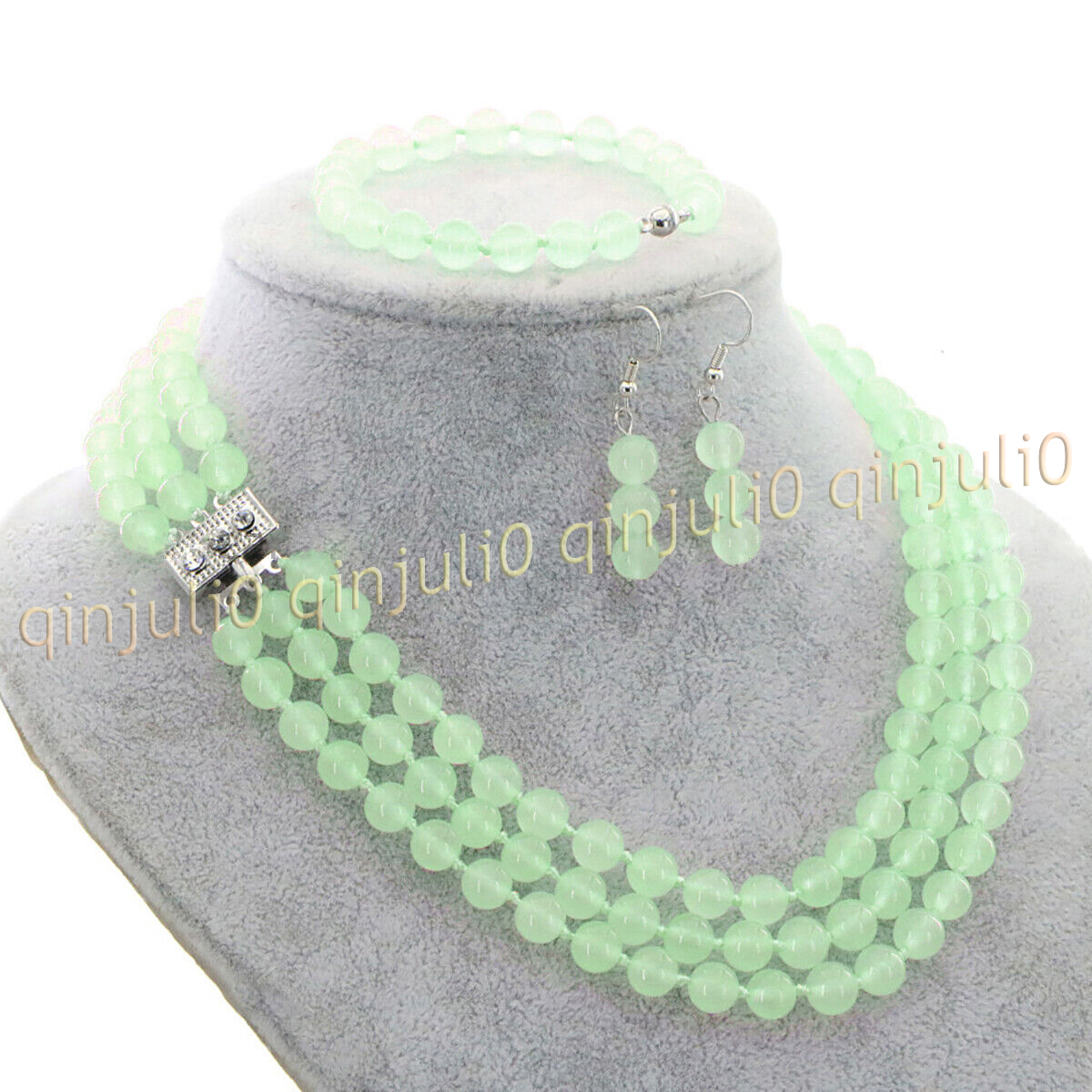 3 Rows Natural Multicolor Jade Round Gems Beads Necklace Bracelet Earrings Set