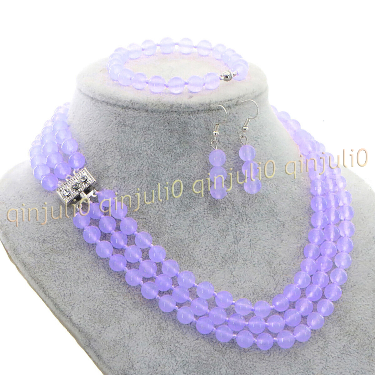 3 Rows Natural Multicolor Jade Round Gems Beads Necklace Bracelet Earrings Set