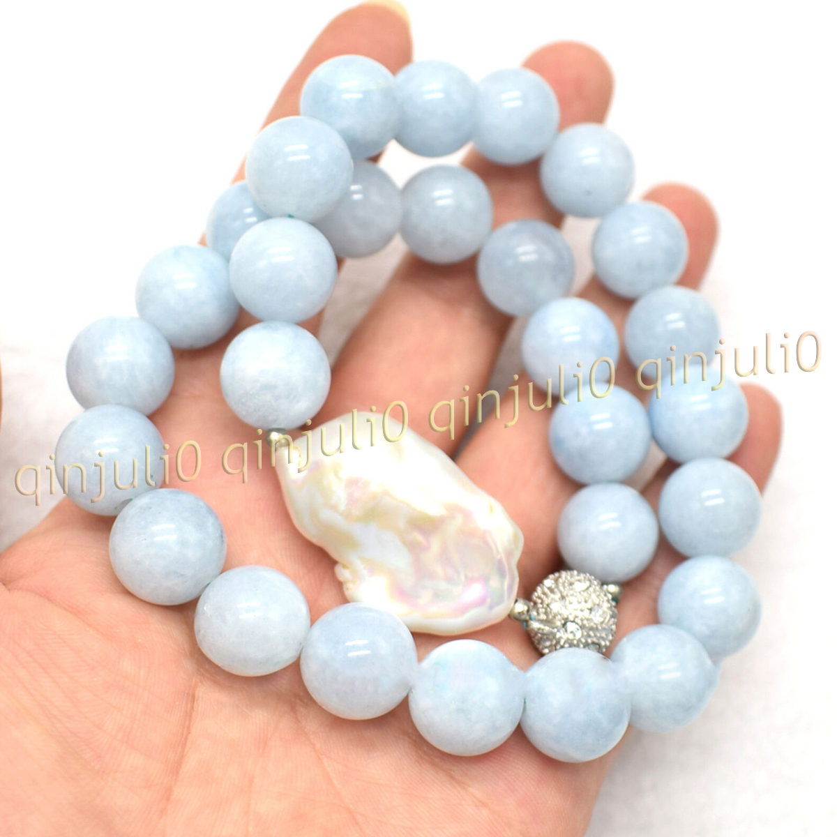 Natural Blue Aquamarine Round Gemstone White Keshi Baroque Pearl Necklace 6-14mm - Picture 7 of 11