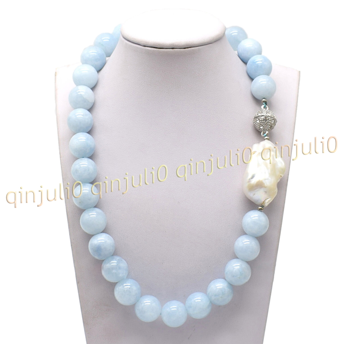 Natural Blue Aquamarine Round Gemstone White Keshi Baroque Pearl Necklace 6-14mm - Picture 10 of 11