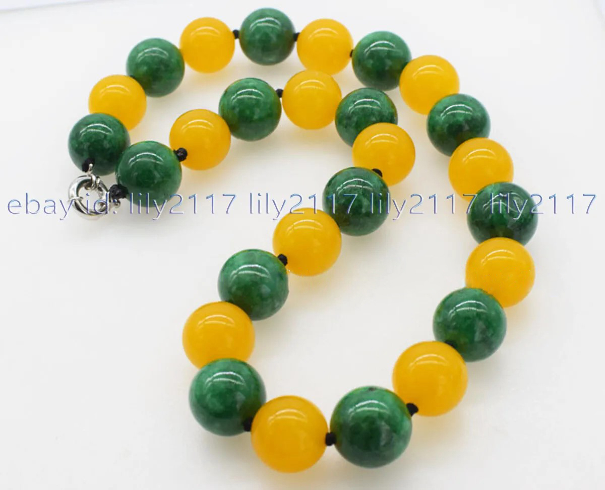 Huge 20mm Natural Yellow Topaz Green Jade Jadeite Round Gemstone Beads Necklace - Picture 14 of 15