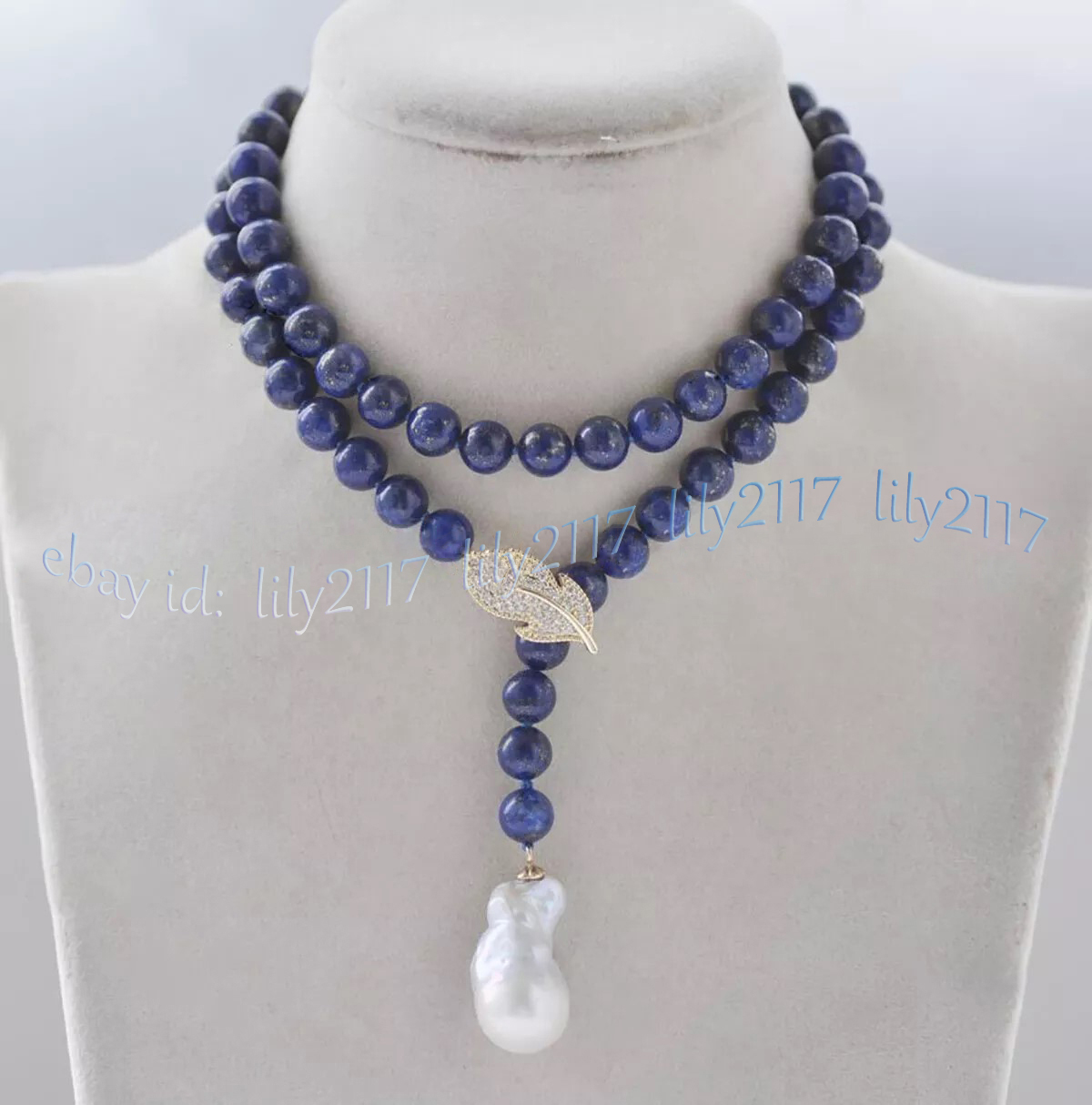 Natural Blue Lapis Lazuli Gems White Baroque Keshi Pearl Pendant Lariat Necklace - Picture 6 of 8