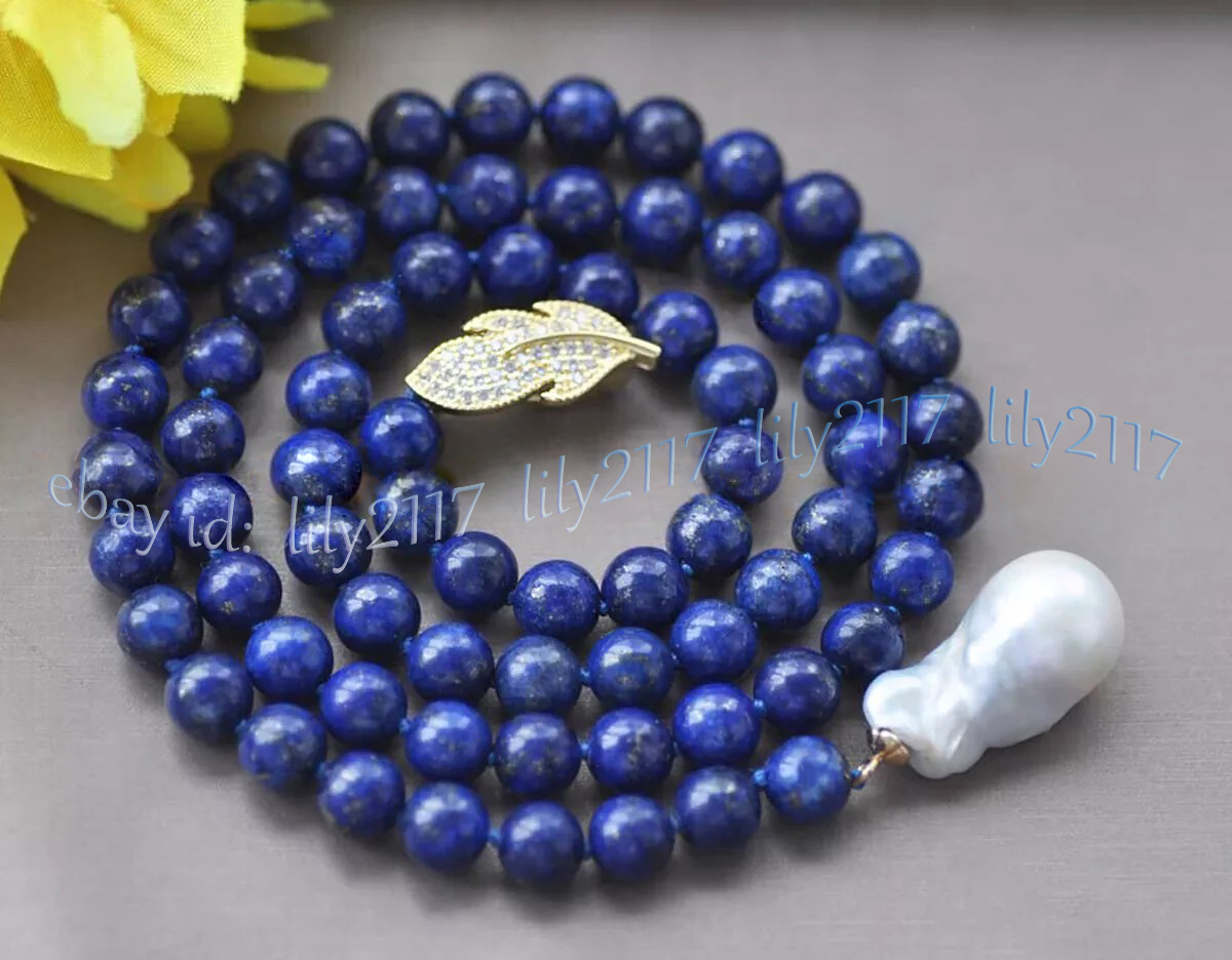 Natural Blue Lapis Lazuli Gems White Baroque Keshi Pearl Pendant Lariat Necklace - Picture 7 of 8