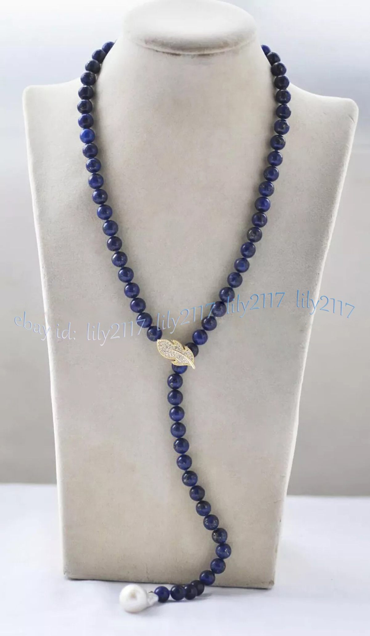Natural Blue Lapis Lazuli Gems White Baroque Keshi Pearl Pendant Lariat Necklace - Picture 5 of 8
