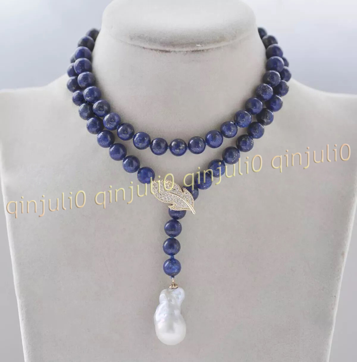 Natural Blue Lapis Lazuli Gems White Baroque Keshi Pearl Pendant Lariat Necklace - Picture 7 of 8