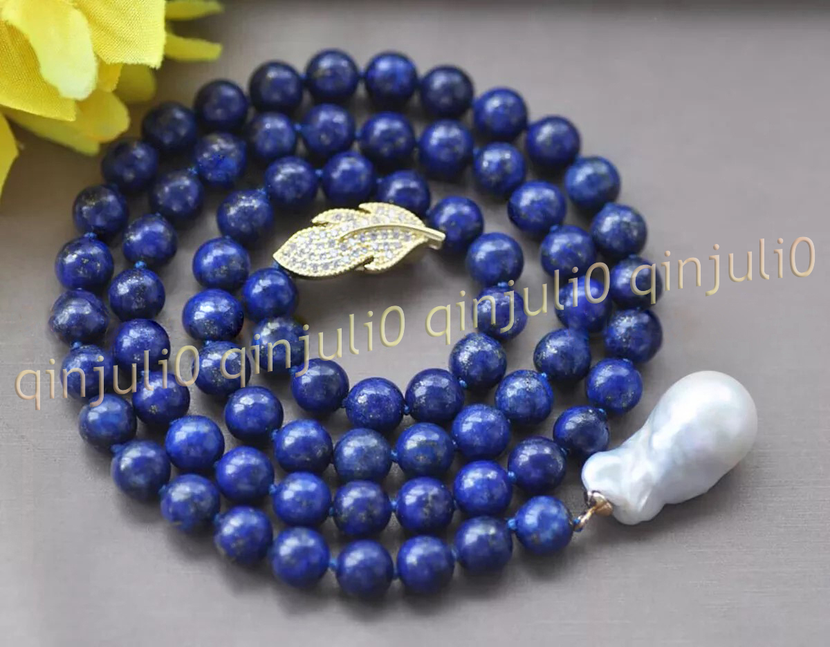Natural Blue Lapis Lazuli Gems White Baroque Keshi Pearl Pendant Lariat Necklace - Picture 8 of 8