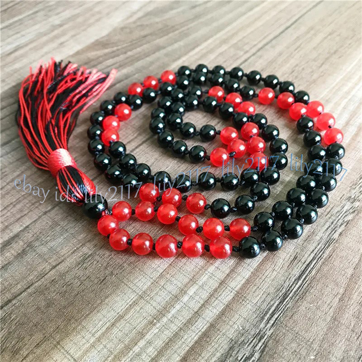 Black Agate Red Jade 108 Prayer Beads Tibet Buddhist Meditation Mala Necklace