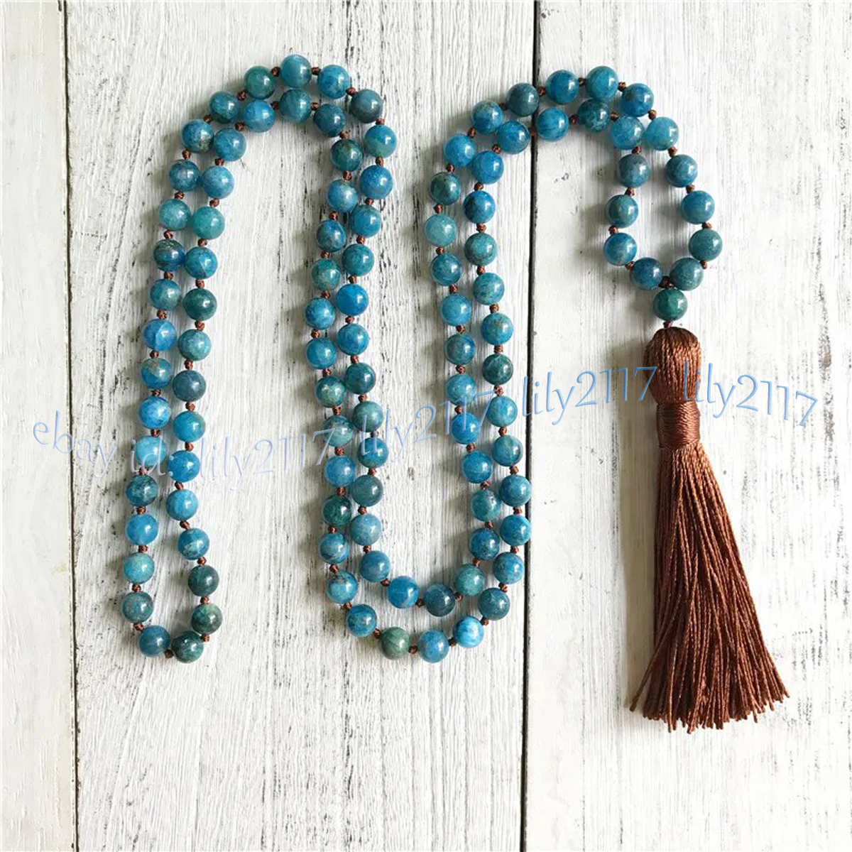 Natural Blue Apatite 108 Prayer Beads Tibet Buddhist Meditation Mala Necklace - Picture 7 of 9