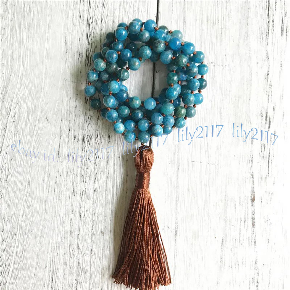 Natural Blue Apatite 108 Prayer Beads Tibet Buddhist Meditation Mala Necklace - Picture 8 of 9