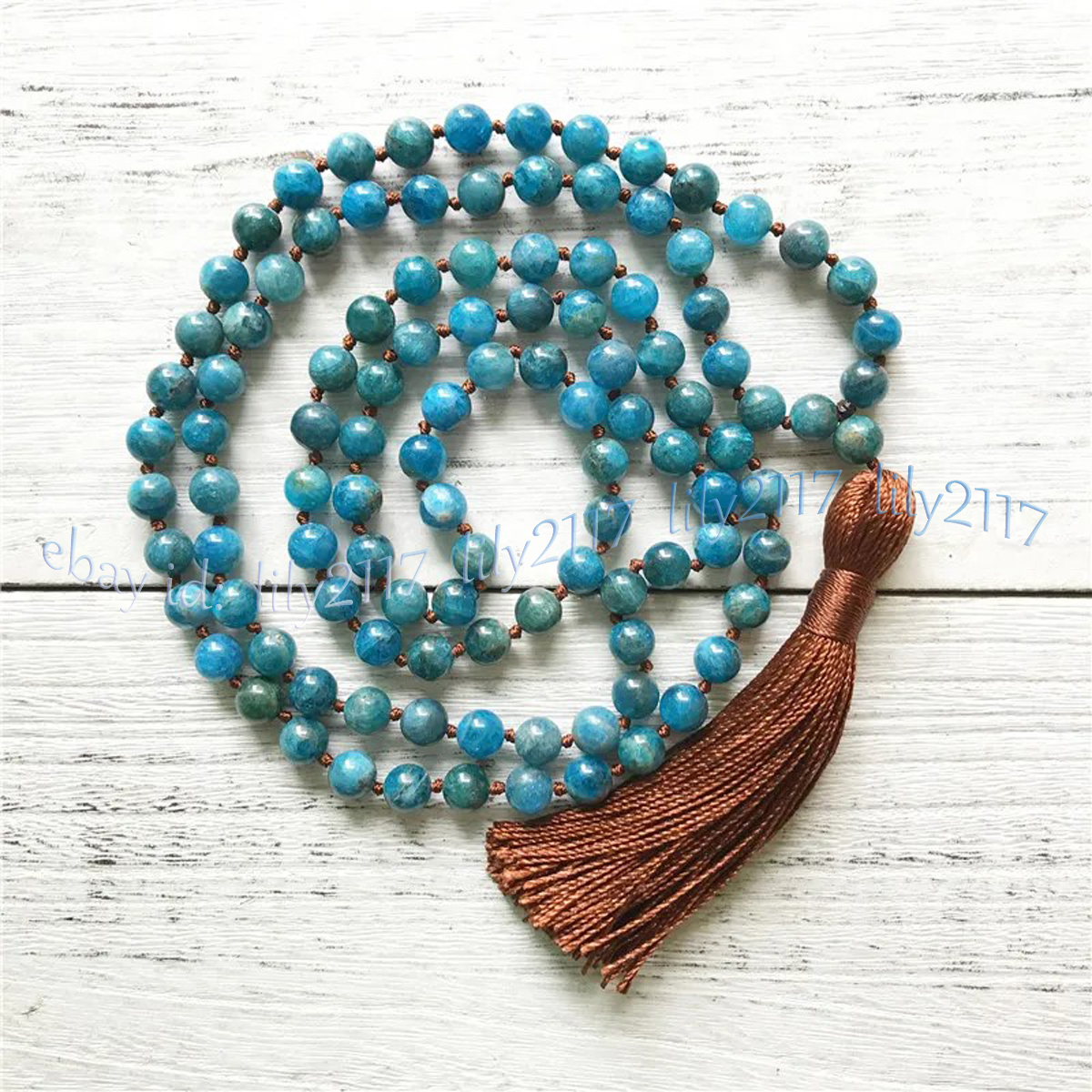 Natural Blue Apatite 108 Prayer Beads Tibet Buddhist Meditation Mala Necklace - Picture 9 of 9
