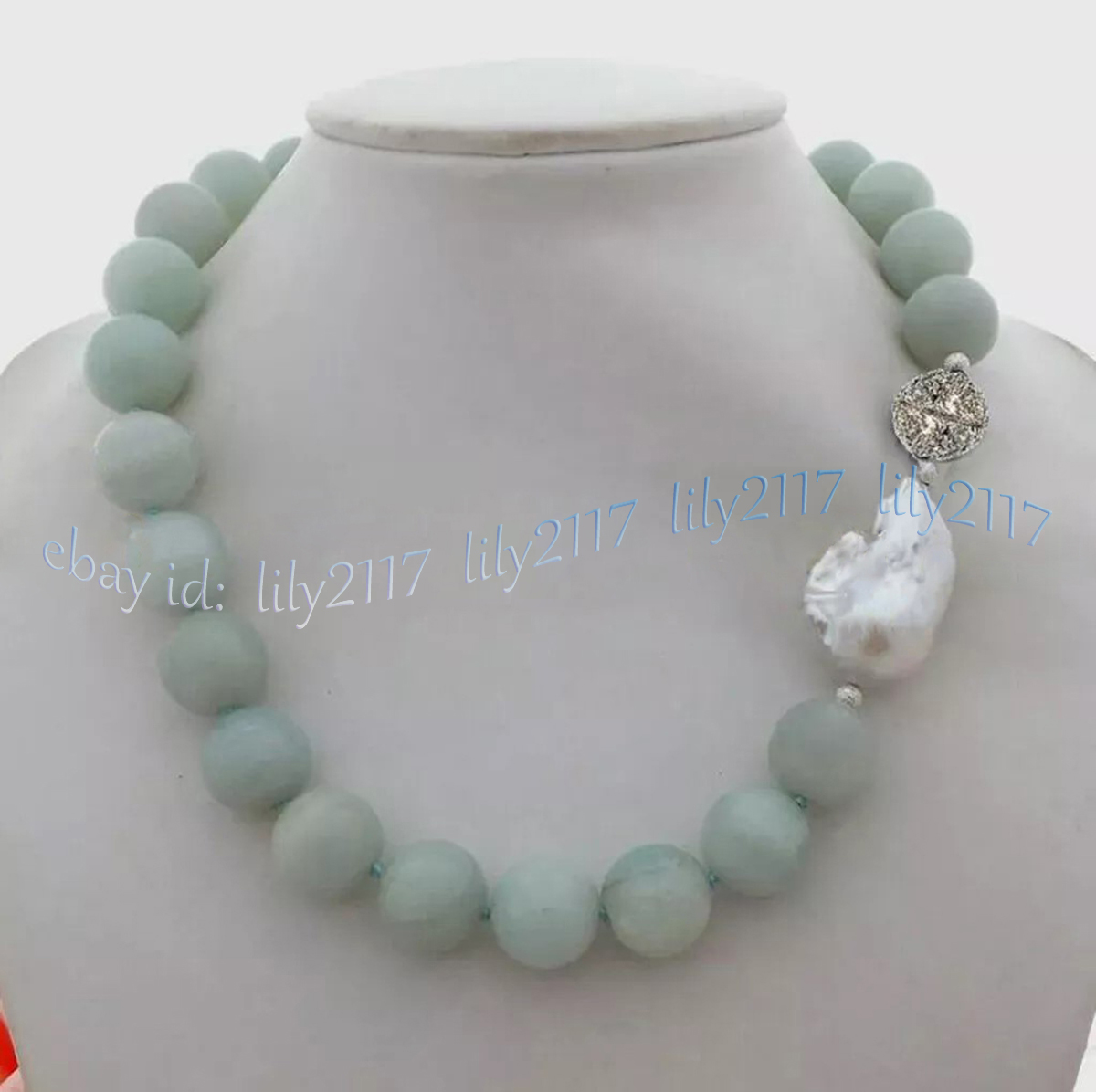 6-14mm Natural Amazonite Round Gemstone Beads White Keshi Baroque Pearl Necklace - Picture 9 of 11