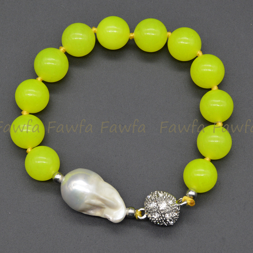 Natural 6-12mm Lemon Yellow Jade Gems White Keshi Baroque Pearl Bracelet 7.5″