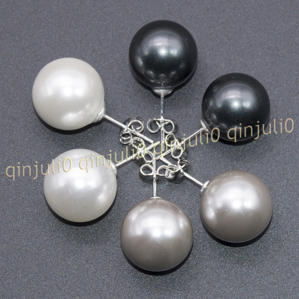 3 Pairs White Gray Black Round Shell Pearl Silver Stud Earrings 8/10/12/14/16mm