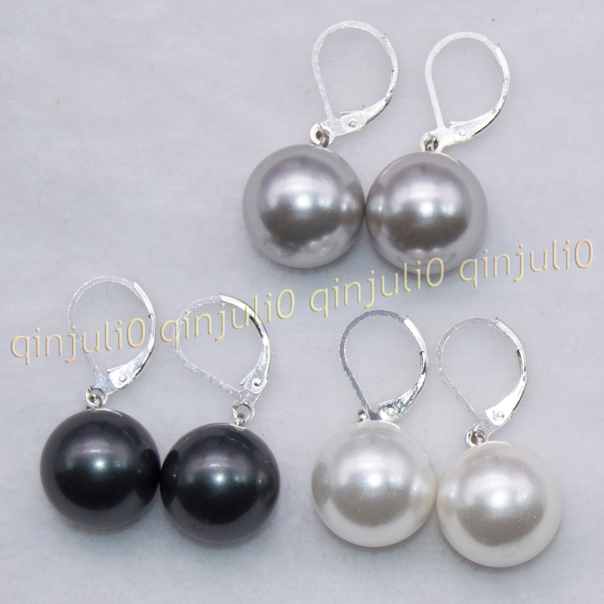 3Pairs White Gray Black Round Shell Pearl Dangle Silver Leverback Earring 8-16mm - Picture 14 of 18