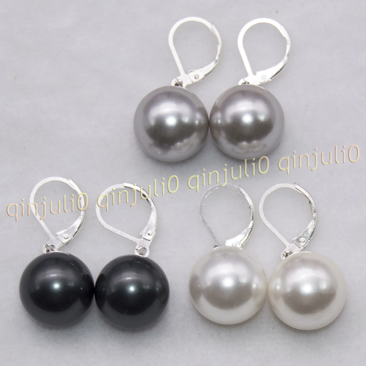 3Pairs White Gray Black Round Shell Pearl Dangle Silver Leverback Earring 8-16mm - Picture 15 of 18