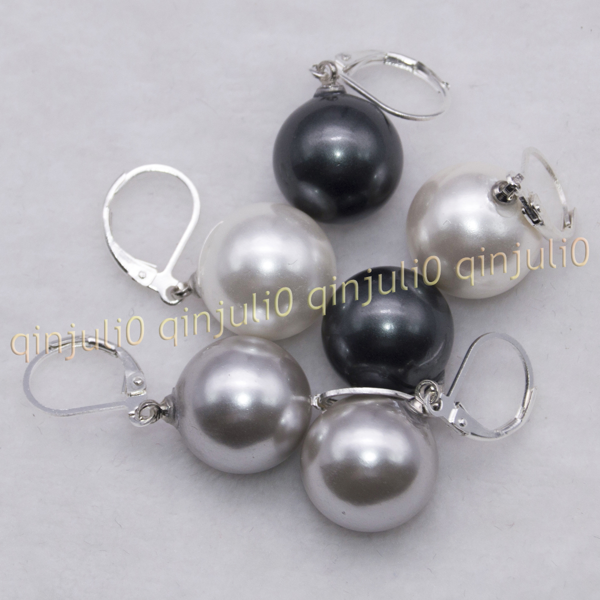 3Pairs White Gray Black Round Shell Pearl Dangle Silver Leverback Earring 8-16mm - Picture 16 of 18