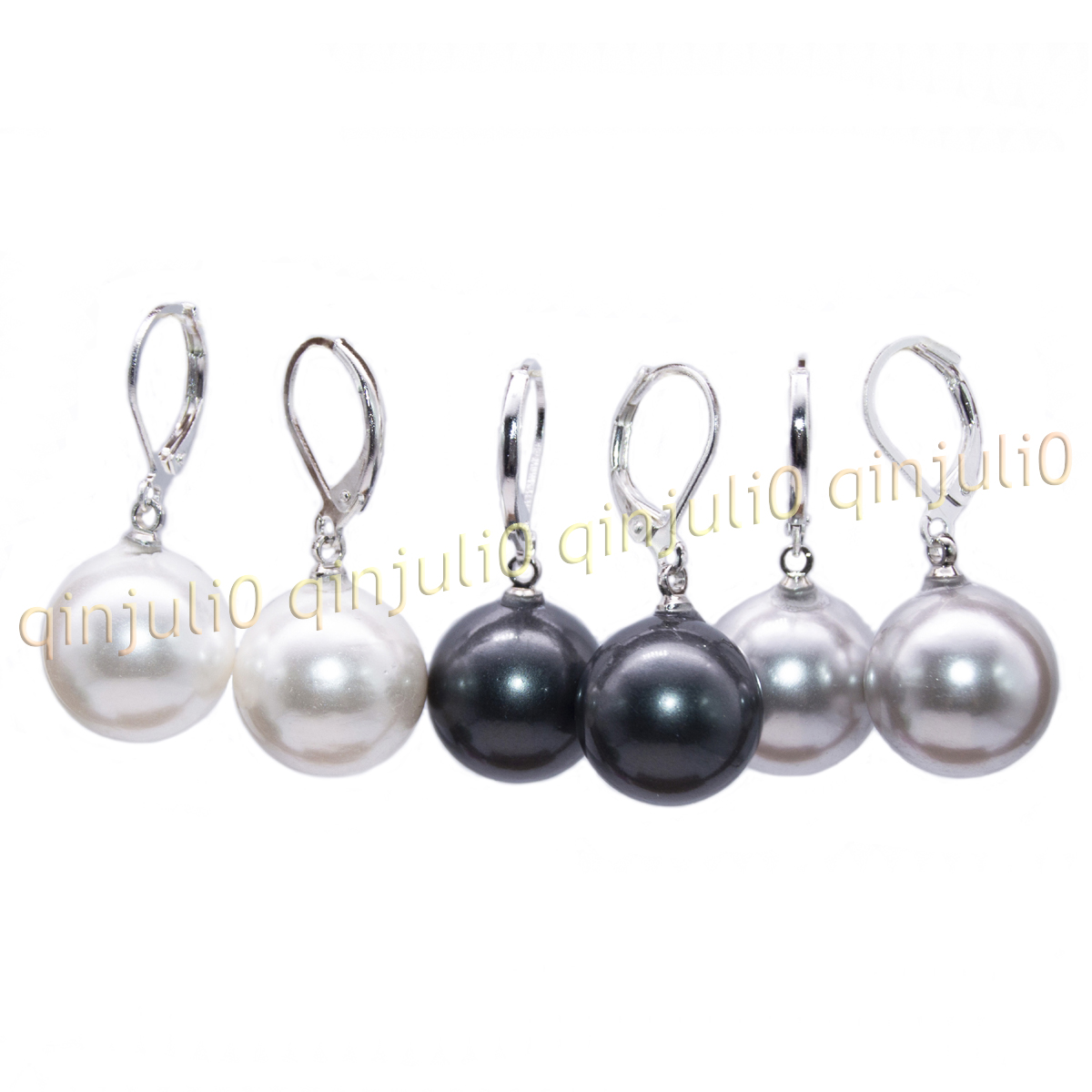 3Pairs White Gray Black Round Shell Pearl Dangle Silver Leverback Earring 8-16mm - Picture 17 of 18