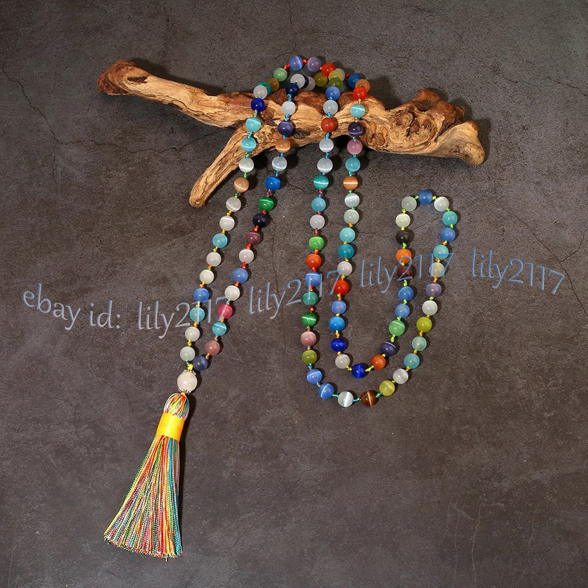 Multicolor Cat's Eye 108 Prayer Beads Buddhist Mala Necklace Meditation Blessing