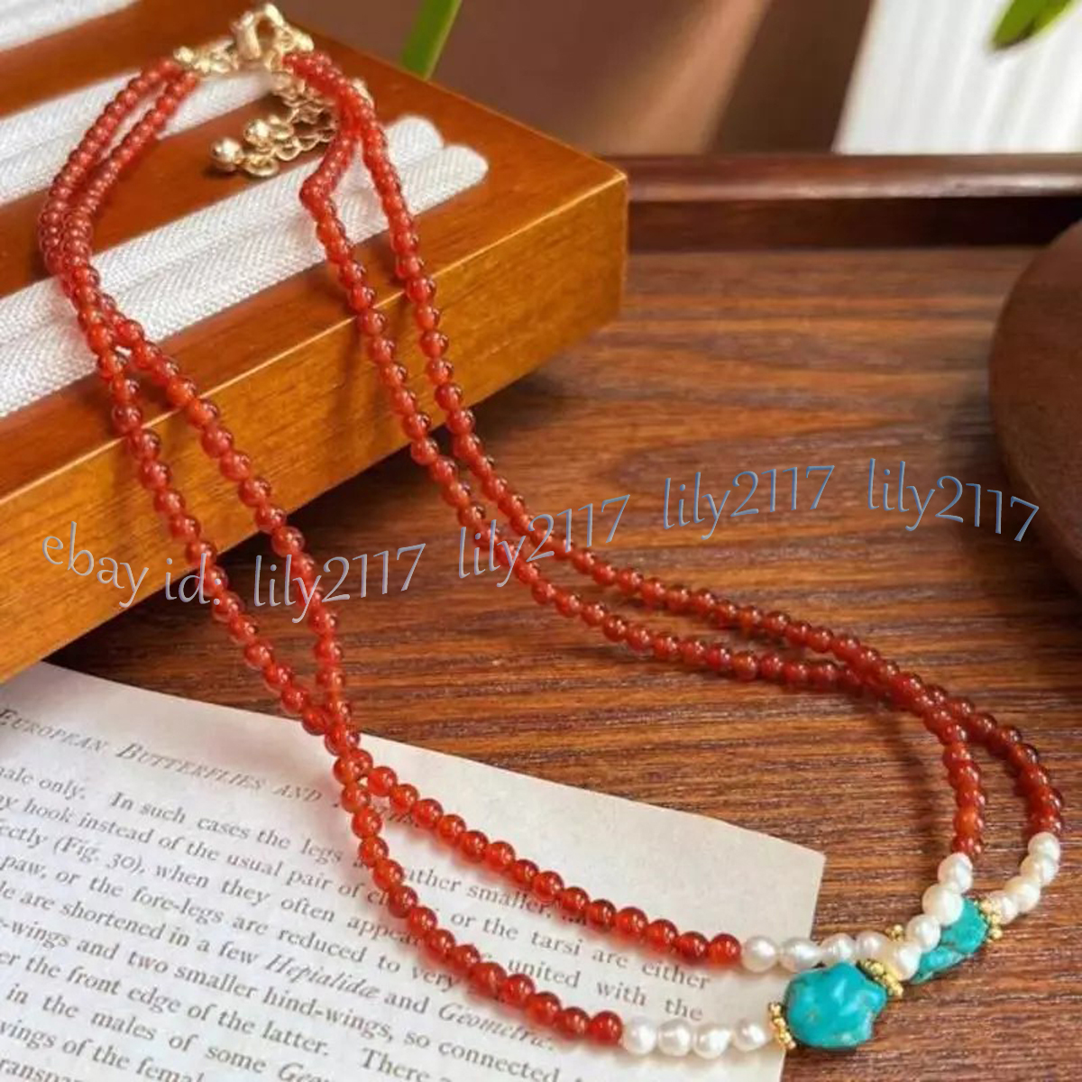 Handmade 6MM Red Agate Gems Round Beads White Pearl Turquoise Necklace 14-36" - Picture 11 of 18
