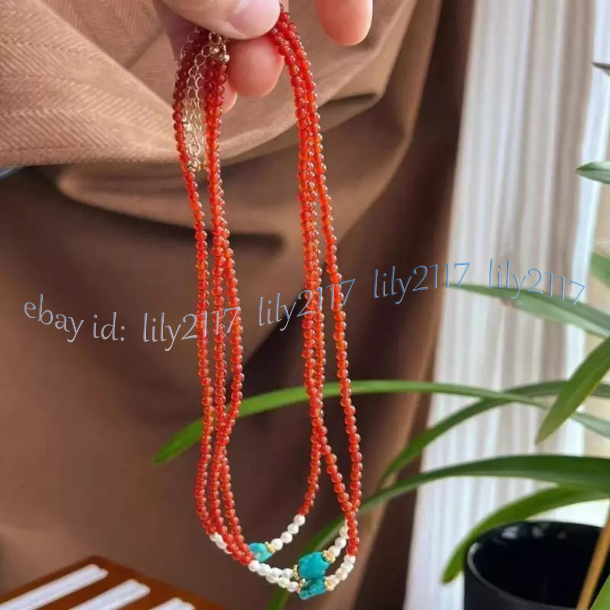 Handmade 6MM Red Agate Gems Round Beads White Pearl Turquoise Necklace 14-36" - Picture 13 of 18