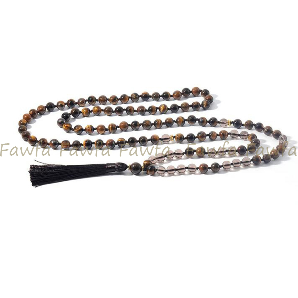 Yellow Tiger's Eye Smoky Quartz Gemstone 108 Prayer Beads Buddhist Mala Necklace