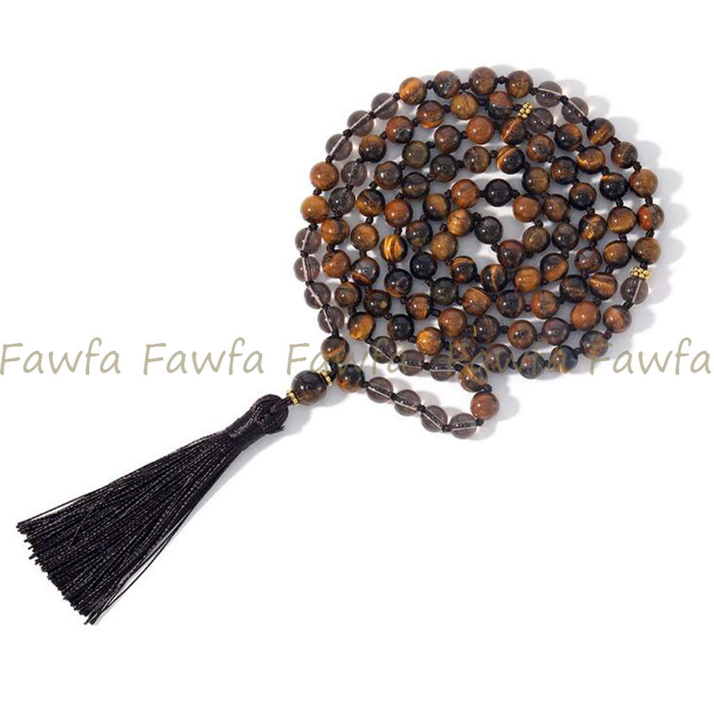 Yellow Tiger's Eye Smoky Quartz Gemstone 108 Prayer Beads Buddhist Mala Necklace