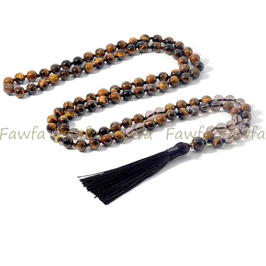 Yellow Tiger's Eye Smoky Quartz Gemstone 108 Prayer Beads Buddhist Mala Necklace