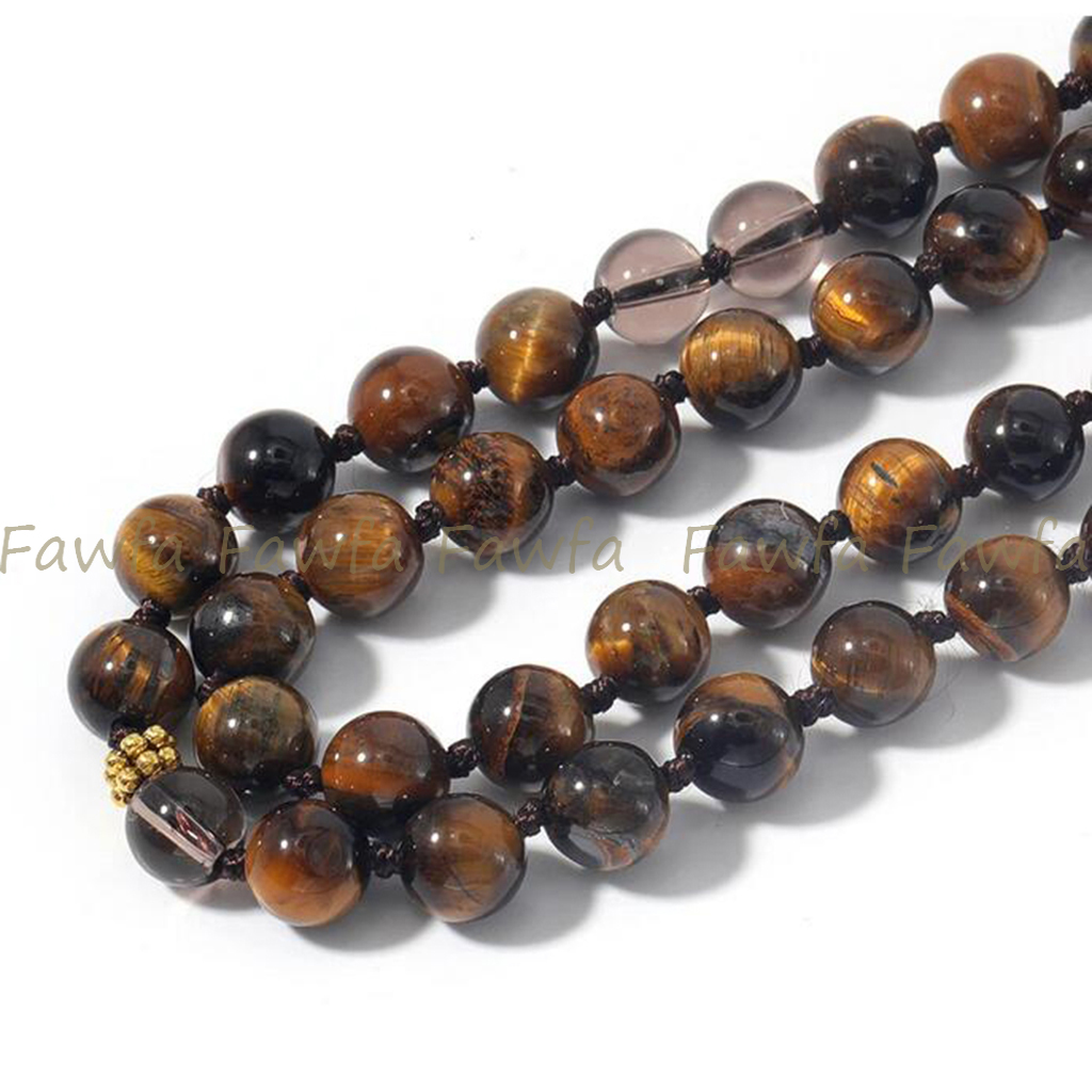 Yellow Tiger's Eye Smoky Quartz Gemstone 108 Prayer Beads Buddhist Mala Necklace