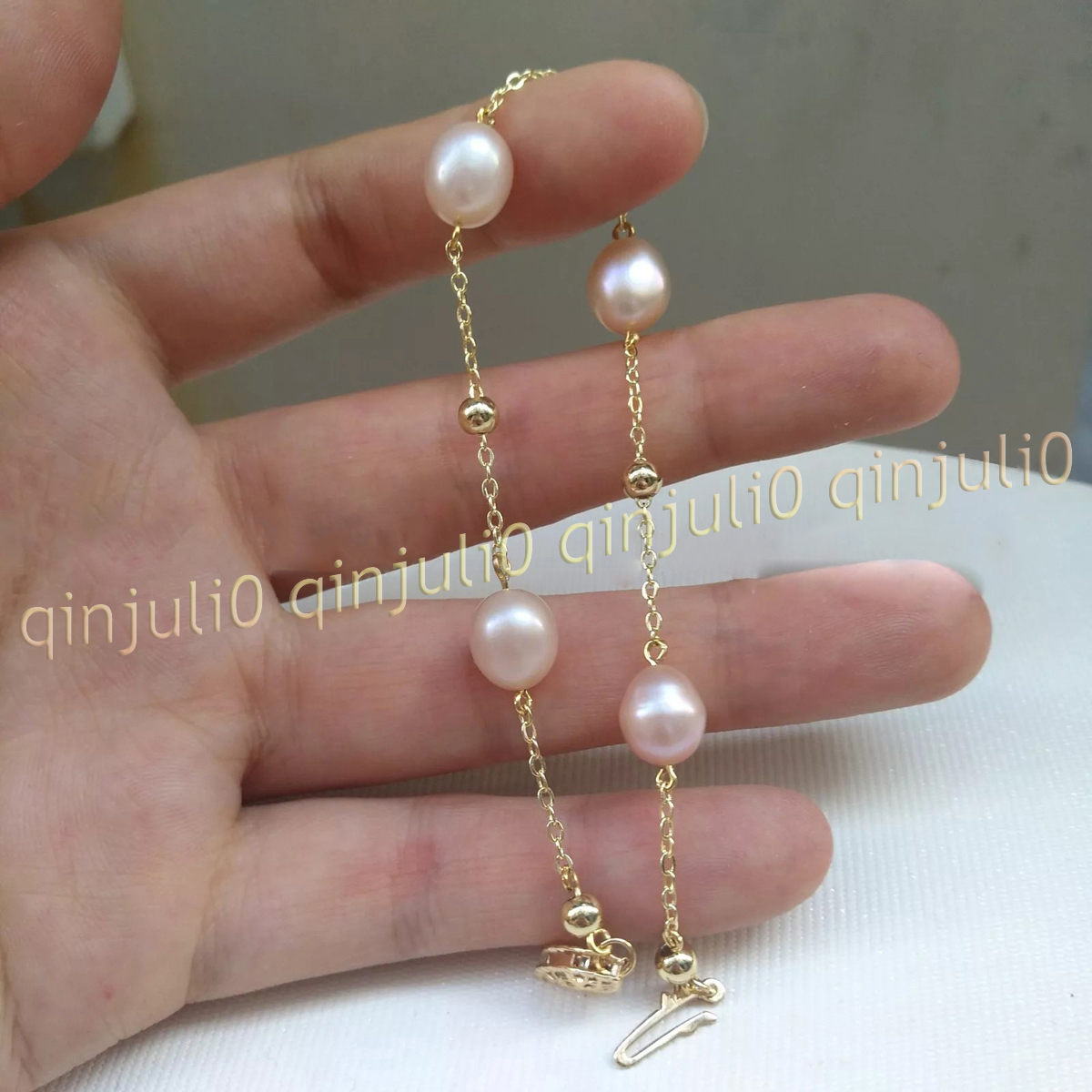Real Natural 6-11mm Pink Freshwater Pearl Gold Chain Bracelet 7.5-8'' 14k Clasp - Picture 7 of 9