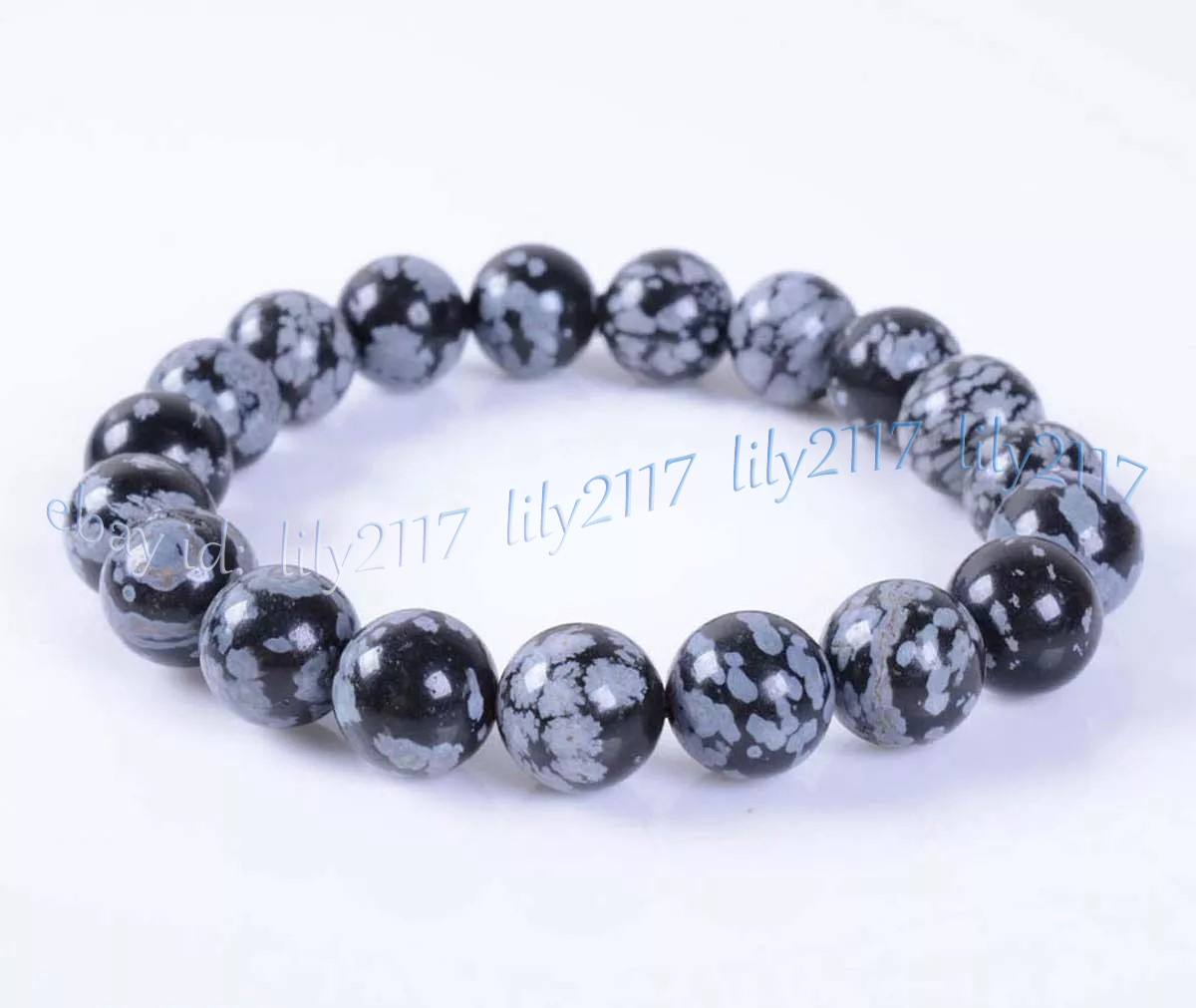 Black Snowflake Obsidian Jasper Gemstone Round Beads Stretch Bracelet 7.5''