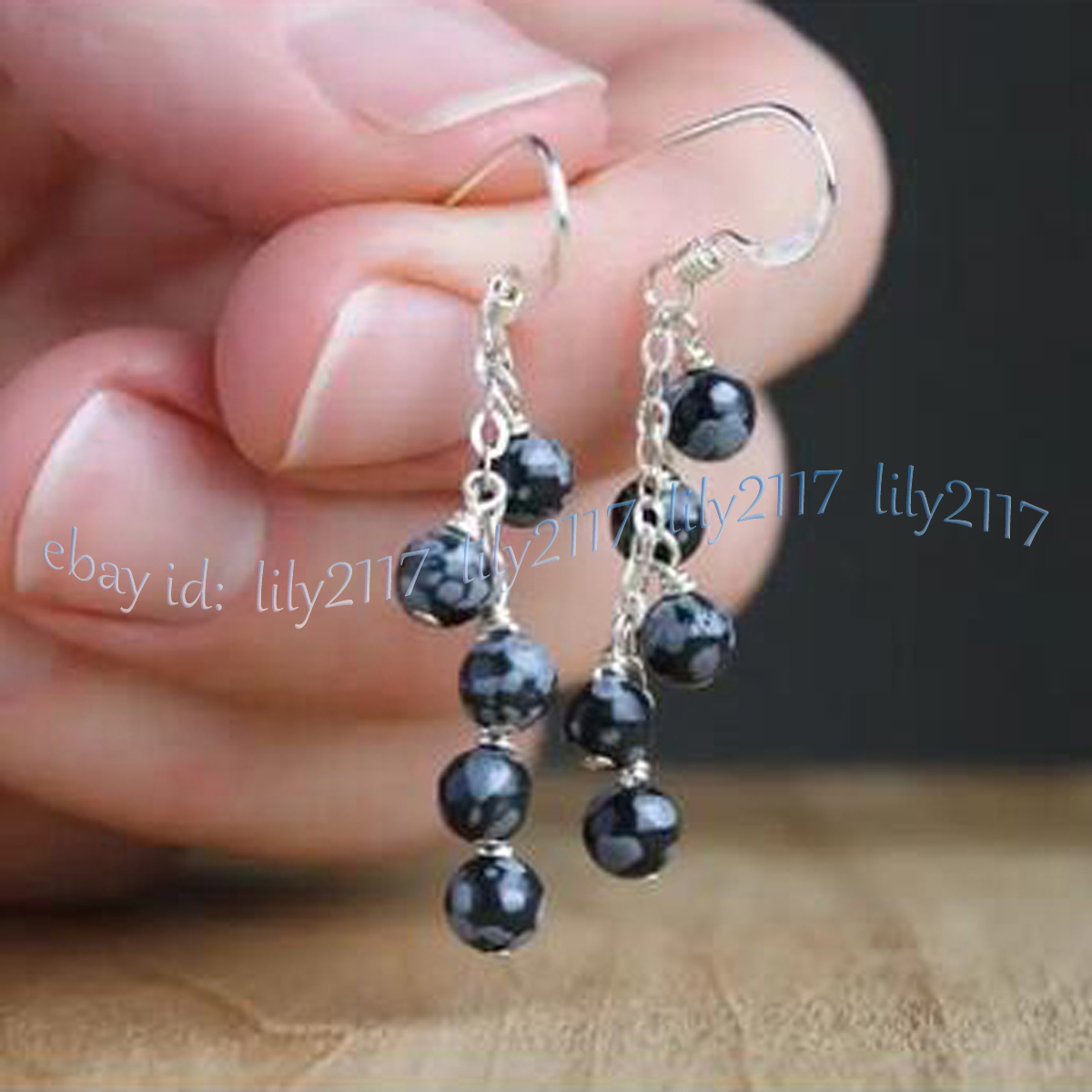 Black Snowflake Obsidian Jasper Gemstone Round Beads Dangle Silver Hook Earrings - Picture 7 of 10