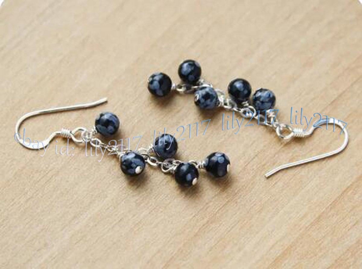 Black Snowflake Obsidian Jasper Gemstone Round Beads Dangle Silver Hook Earrings - Picture 10 of 10