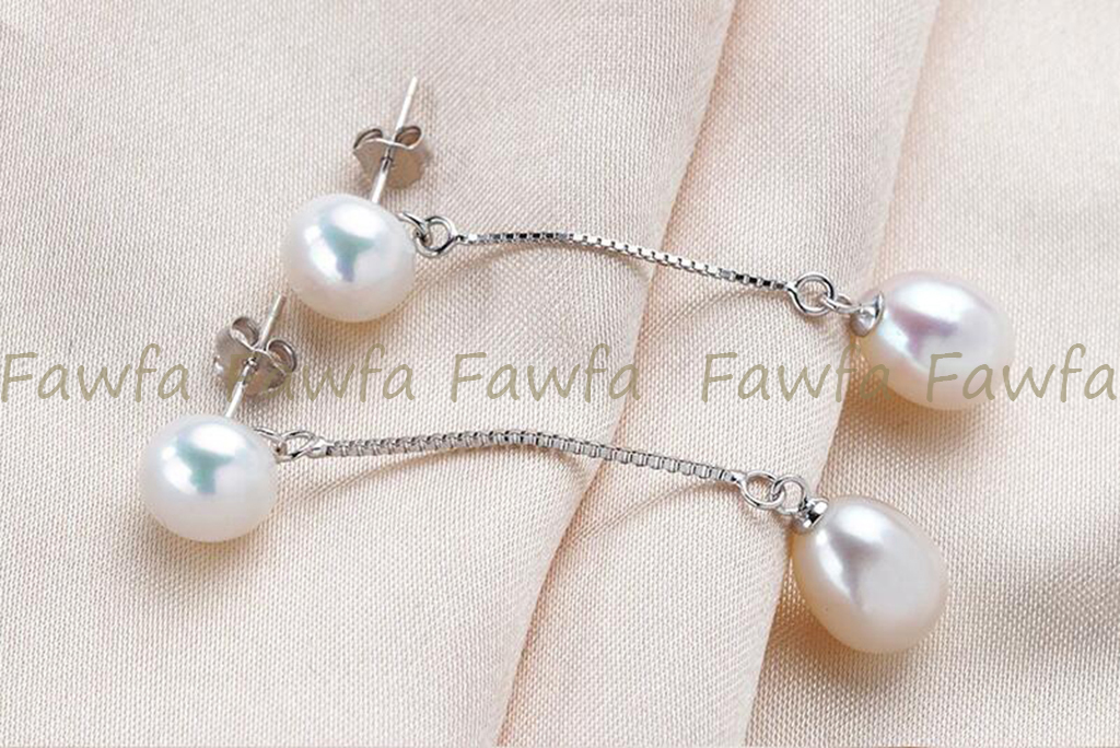 Natural 7-8mm 8-9mm Double Freshwater Pearl Drop Dangle Silver Stud Earrings - Picture 7 of 12