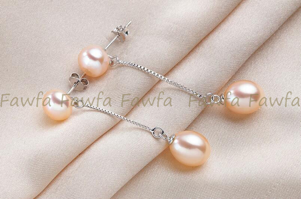 Natural 7-8mm 8-9mm Double Freshwater Pearl Drop Dangle Silver Stud Earrings - Picture 9 of 12
