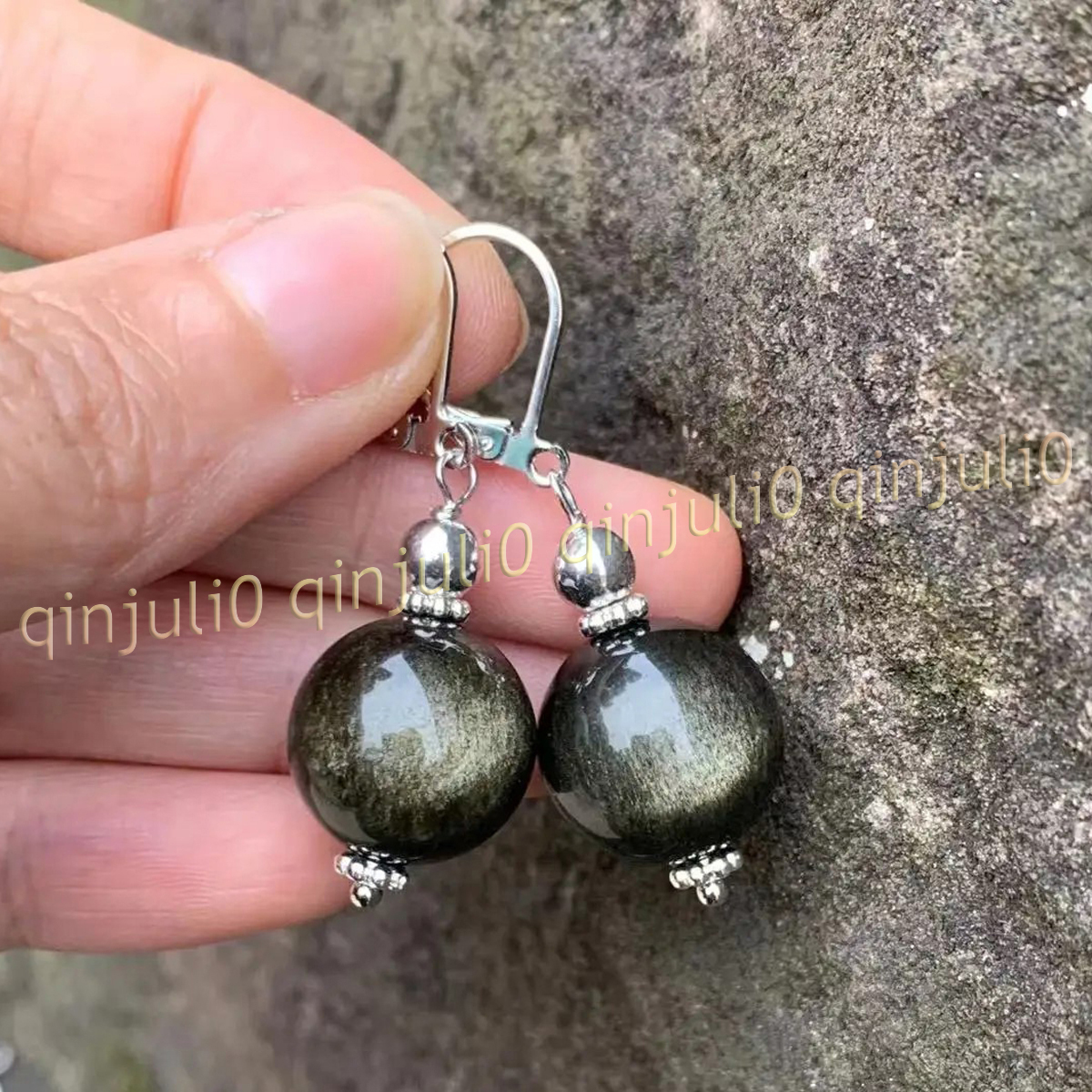 Natural Gold Obsidian Gemstone Round Beads Dangle Silver Leverback Earrings - Picture 8 of 10