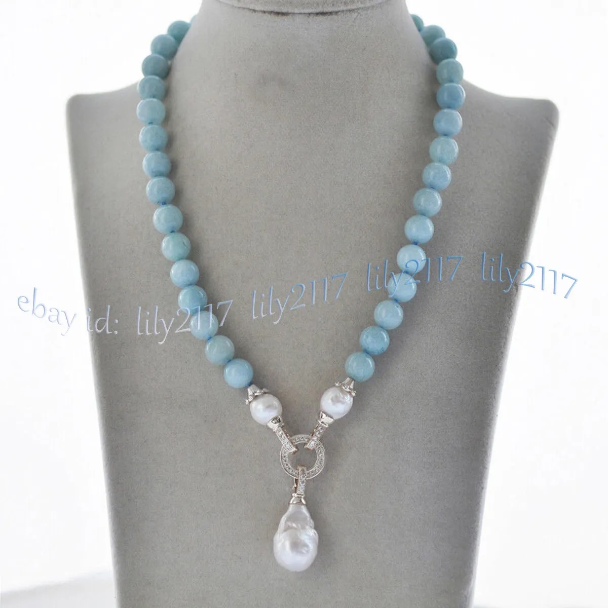 Natural Blue Aquamarine Gems Beaded White Keshi Baroque Pearl Pendant Necklace - Picture 6 of 7