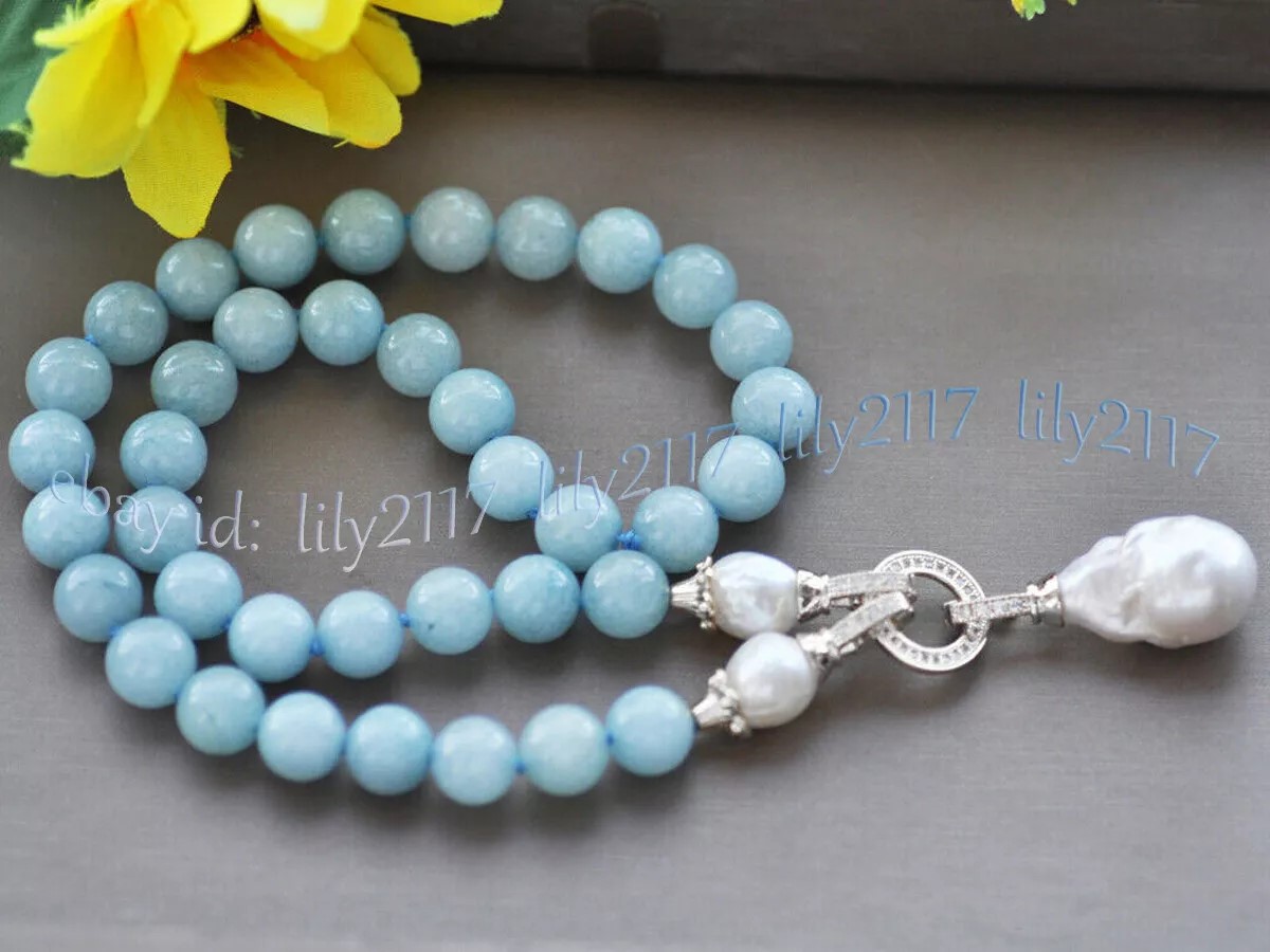 Natural Blue Aquamarine Gems Beaded White Keshi Baroque Pearl Pendant Necklace