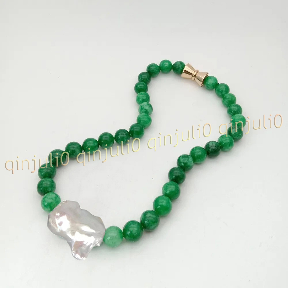 Natural Green Jade Jadeite Round Gems Beads White Keshi Baroque Pearl Necklace - Picture 6 of 10